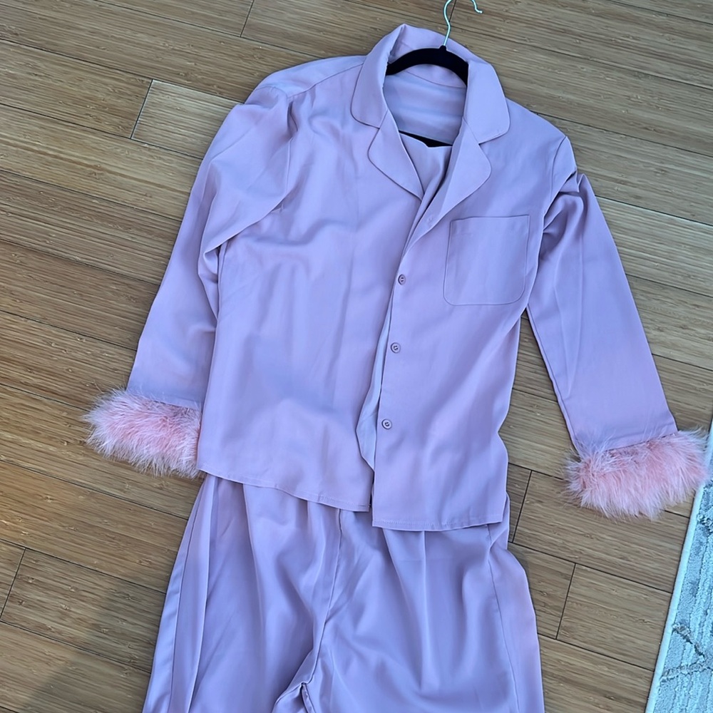 Pink pajama set with feather sleeves